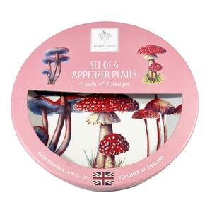 NEW Bluebird & Willow MUSHROOM APPETIZER PLATES Boxed Set/4 🍄🍄🍄